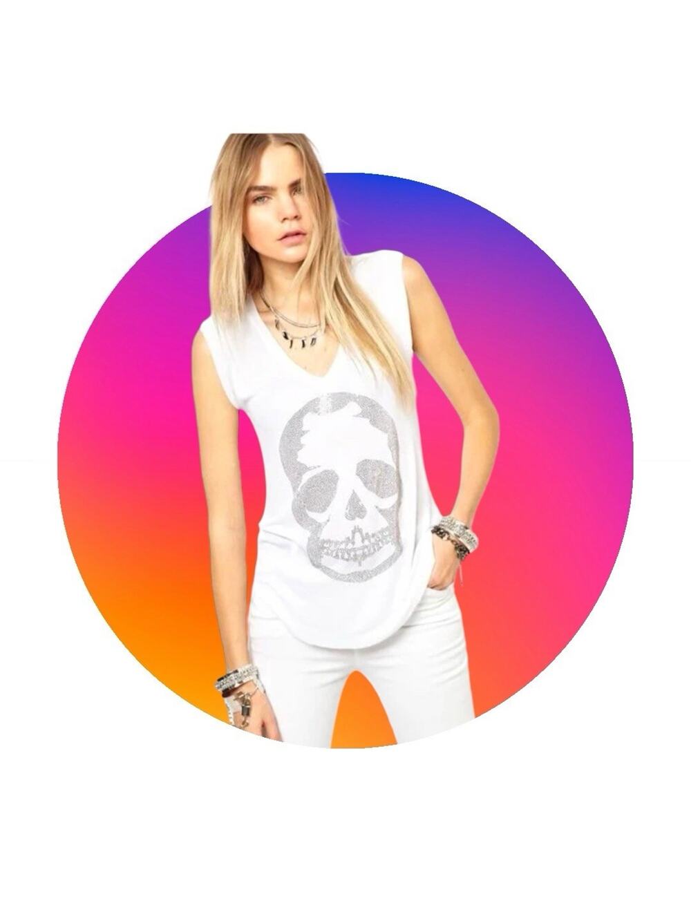 Zadig & Voltaire Brooklyn Strass White Skull Cotton Tshirt Sleeveless Top XS 0 2